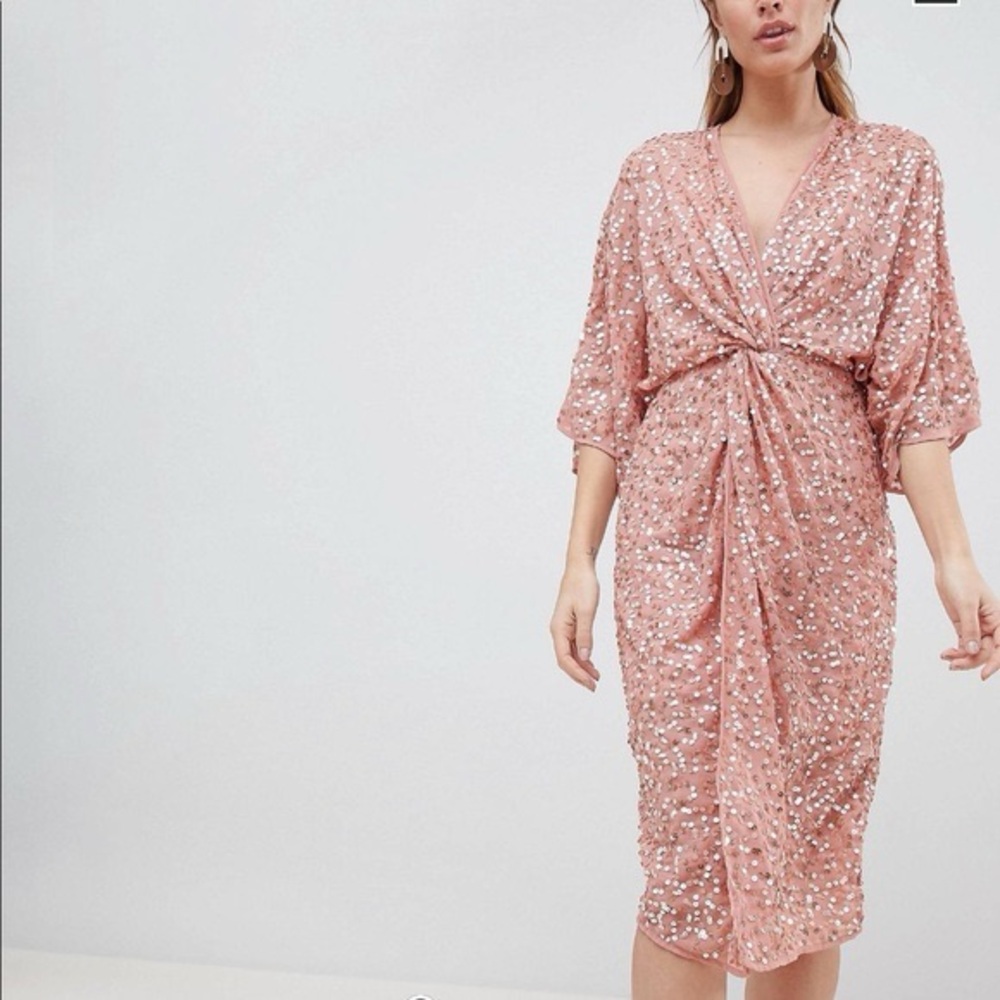 ASOS Pink Sequin Twist-Front Midi Dress